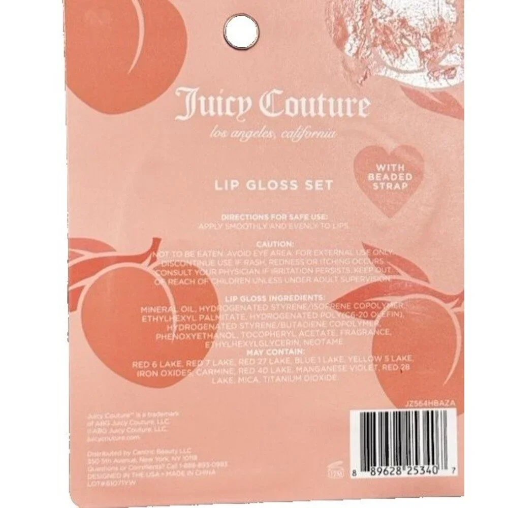 Juicy Couture Peach Liquid Lip Gloss Set Shine Effect w/ Beaded Strap Charm